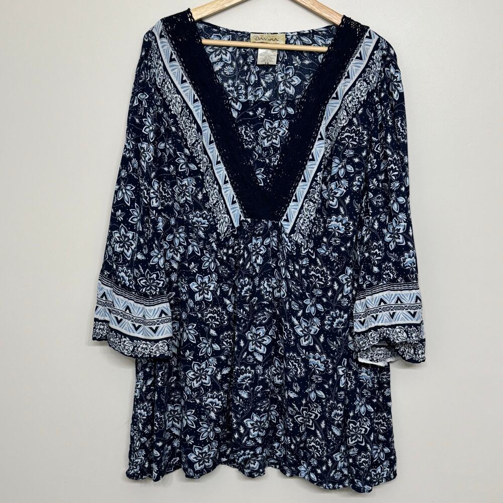 Davina 1X Navy Floral Paisley Bell Sleeve Blouse Boho Cottagecore Prairie Top